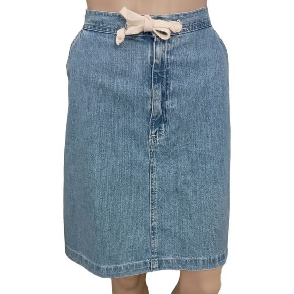 Vintage 80s Denim Skirt Sz L 12 Prairie Cottage Knee Length Cottage Light Wash - Picture 1 of 16